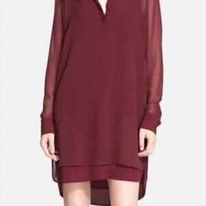 Vince. Long Sleeve Double Layer Burgundy Shift Shirt Dress V Neck Sz 2